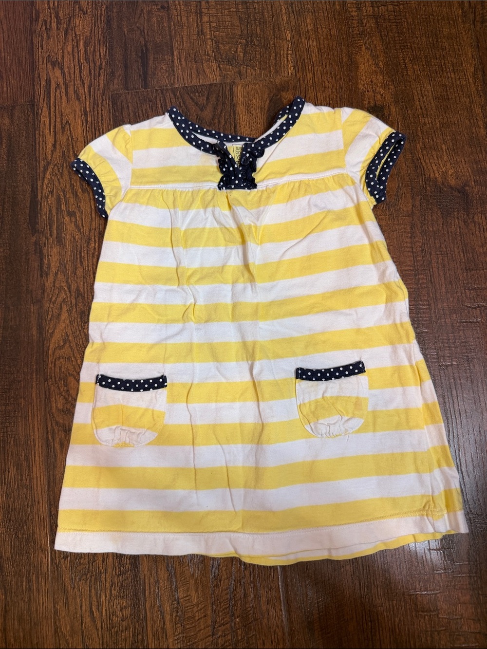 Yellow and White Striped Dress with Navy Polka Dot Trim